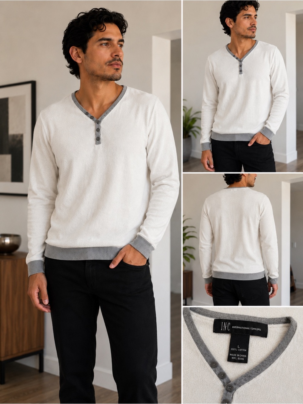 Macy's Men's Cream V-Neck Henley Sweater with Gray Trim
